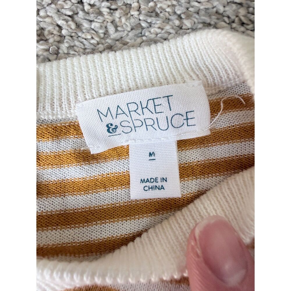 Market & Spruce Mustard Cream Striped Button Back Sweater Medium Lightweight 158